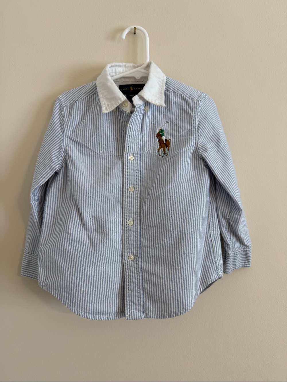 Ralph Lauren Light Blue & White Striped Button-Down Shirt 4T Large logo on front